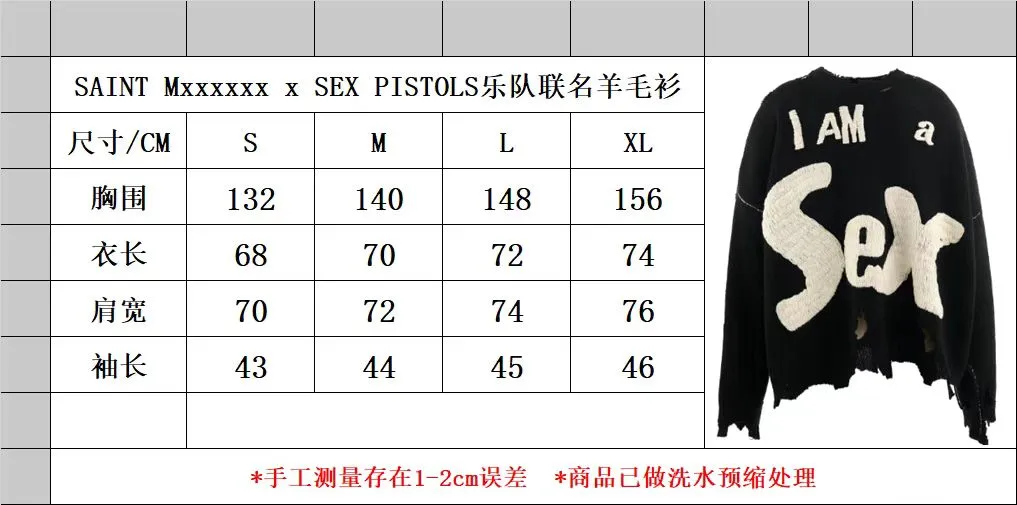 Size chart SAINT Mxxxxxx × Sex Pistols SP_CREW KNT/IAMA/BLK SEX PISTOLS band joint model destruction hand-embroidered sweater black S-XL